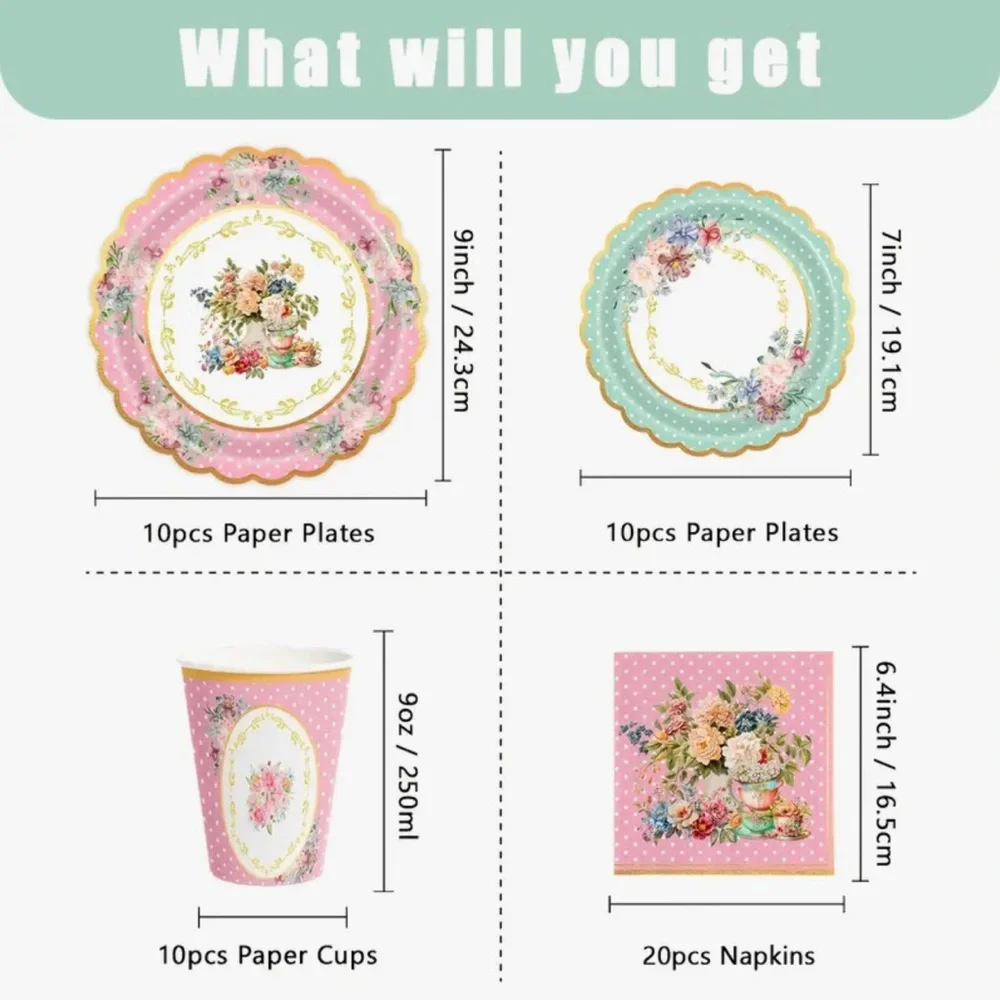 Floral Party Tableware 50-pc Set with Pink and Green Accents (Serves 10)